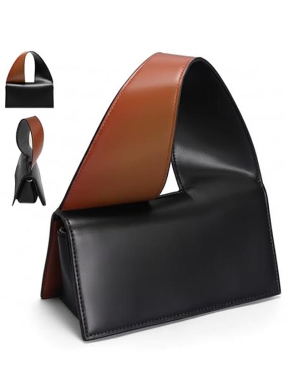 Adjustable Crossbody Handbag Vegan Leather Brown and Black Contrasting Purse Bag